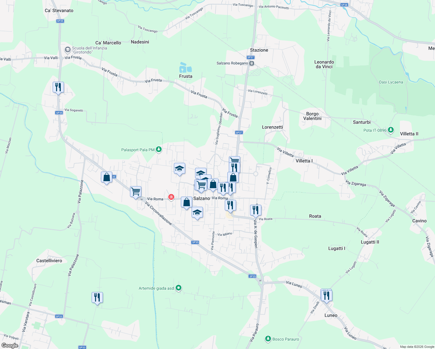 map of restaurants, bars, coffee shops, grocery stores, and more near 38 Via Giulio Cesare in Salzano