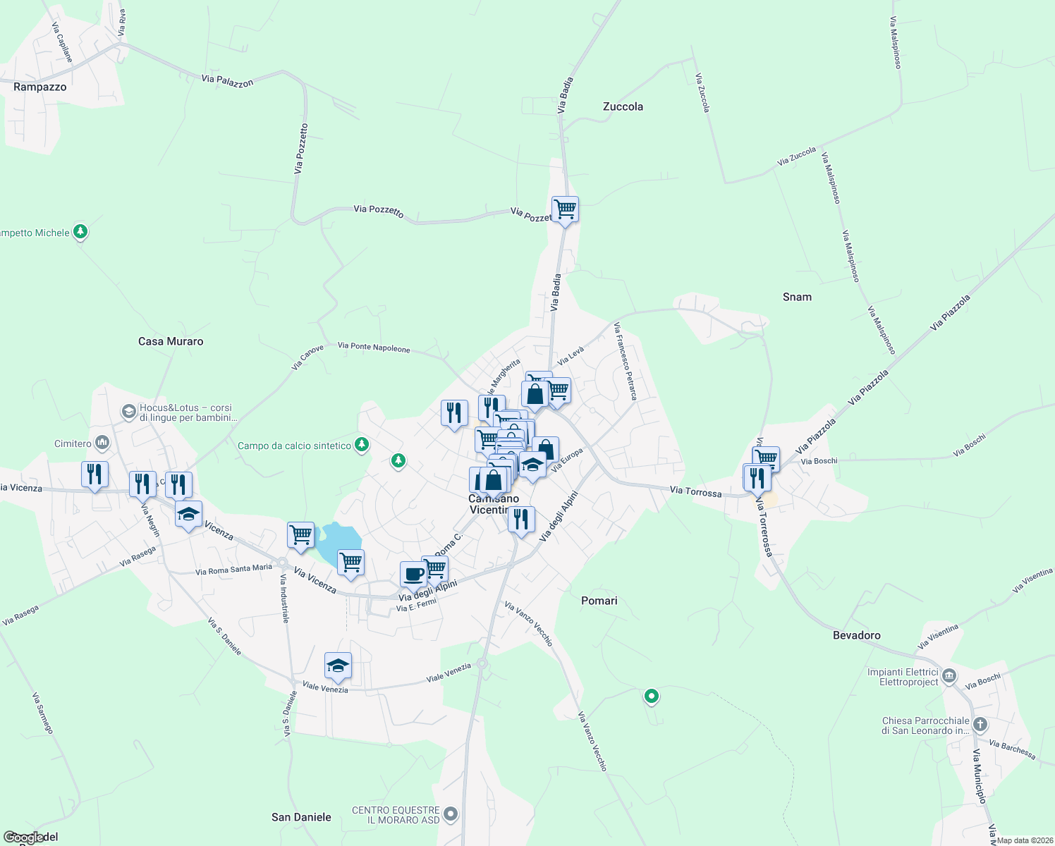 map of restaurants, bars, coffee shops, grocery stores, and more near 27 Via Vittorio Veneto in Camisano Vicentino