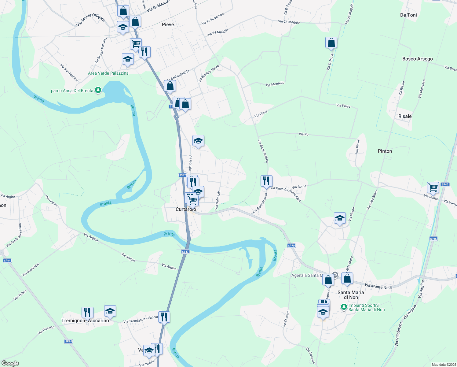 map of restaurants, bars, coffee shops, grocery stores, and more near 9 Via Casalin in Curtarolo