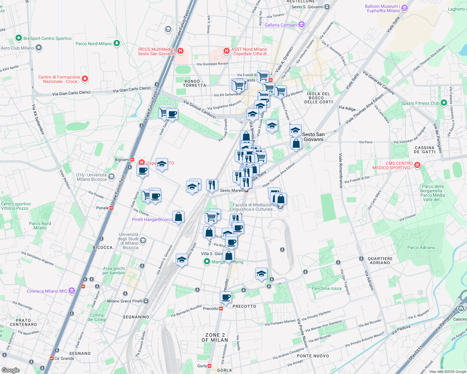 map of restaurants, bars, coffee shops, grocery stores, and more near 34 Via Fiume in Sesto San Giovanni