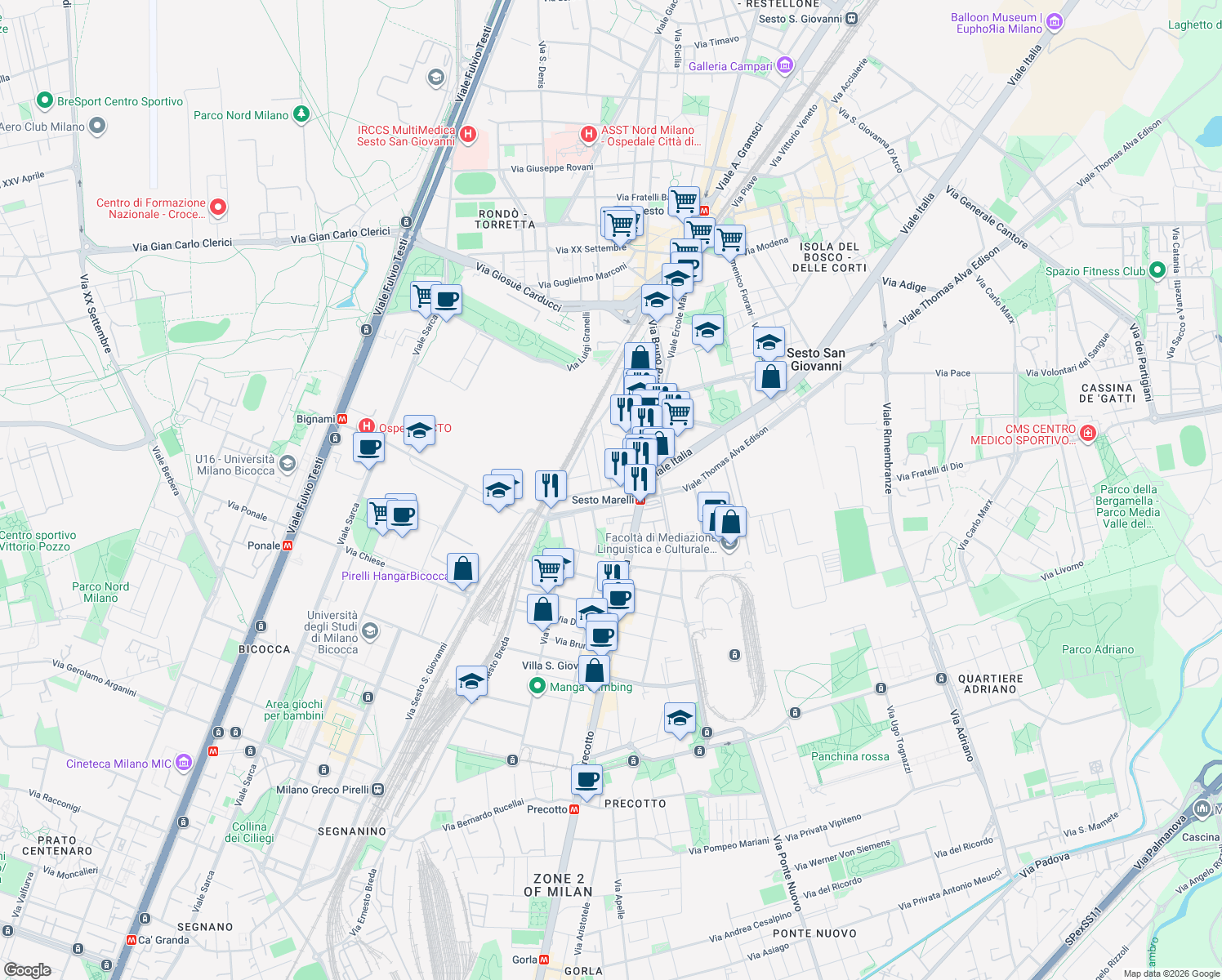 map of restaurants, bars, coffee shops, grocery stores, and more near 34 Via Fiume in Sesto San Giovanni