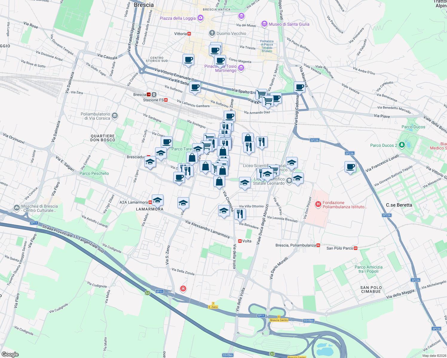 map of restaurants, bars, coffee shops, grocery stores, and more near 110 Via Repubblica Argentina in Brescia