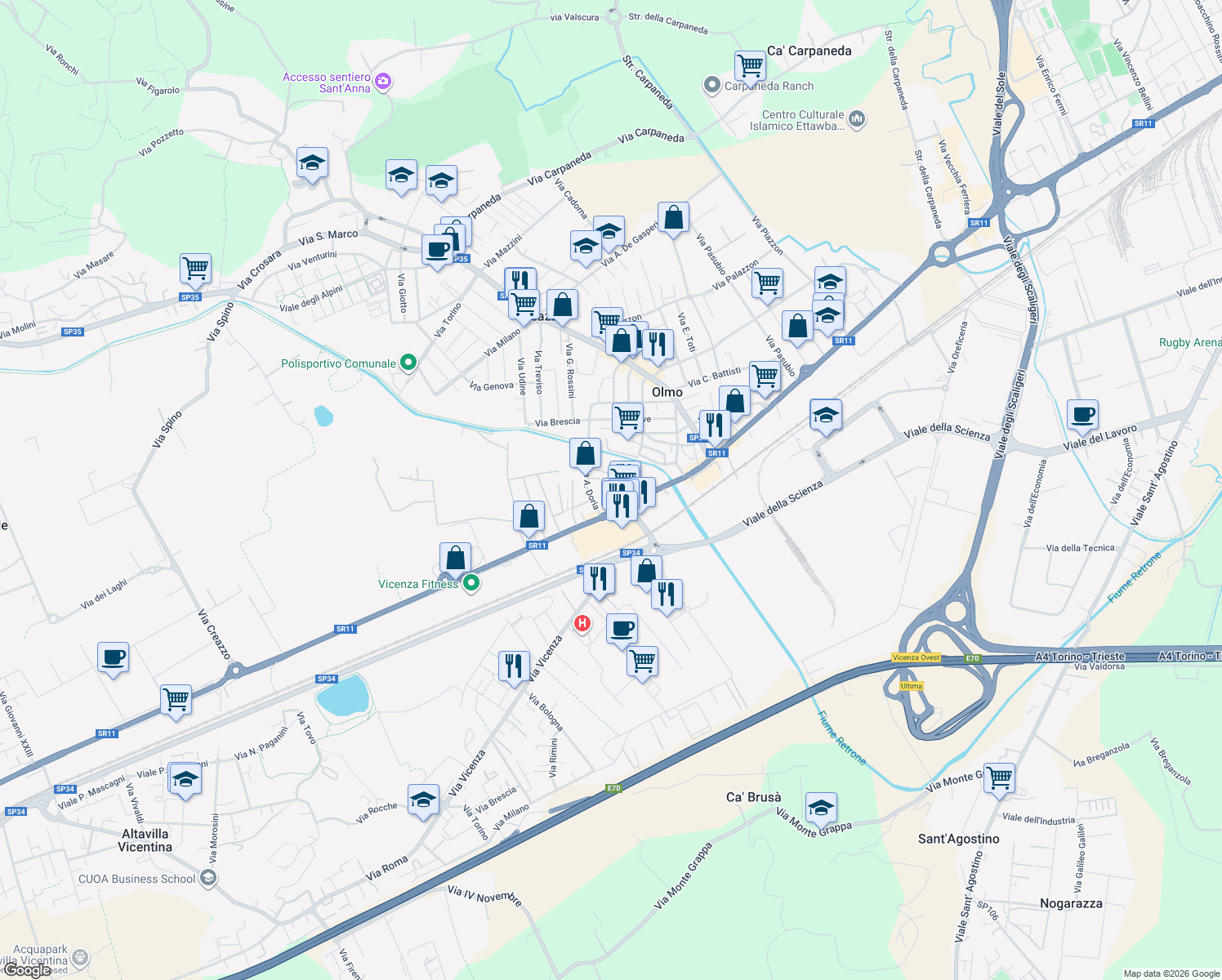 map of restaurants, bars, coffee shops, grocery stores, and more near 103 Via Olmo in Creazzo