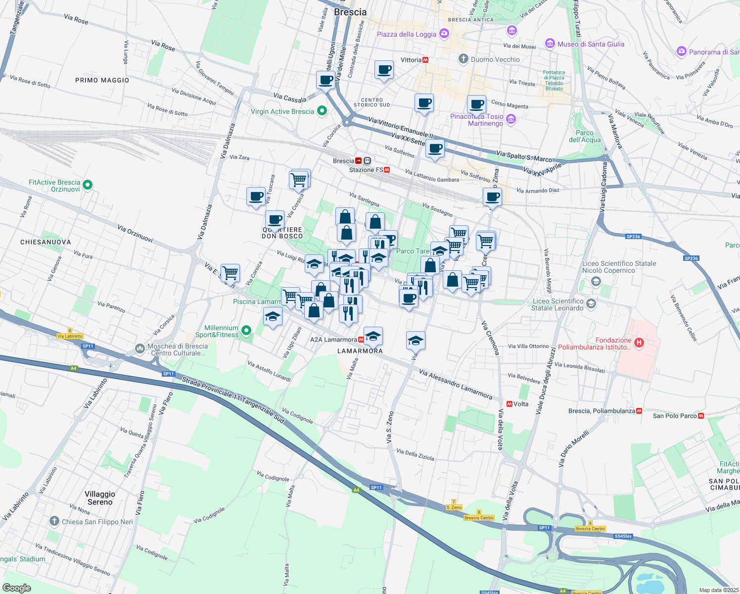 map of restaurants, bars, coffee shops, grocery stores, and more near 40 Via Aldo Moro in Brescia
