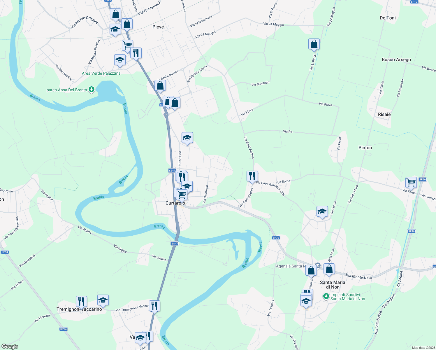 map of restaurants, bars, coffee shops, grocery stores, and more near 9 Via Casalin in Curtarolo