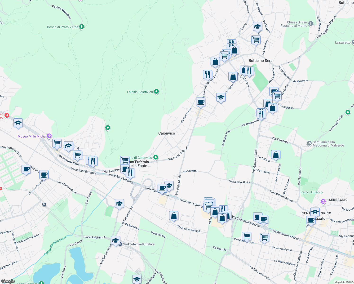 map of restaurants, bars, coffee shops, grocery stores, and more near 15 Via della Musia in Caionvico