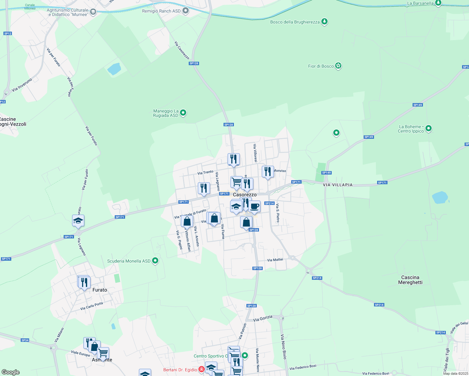 map of restaurants, bars, coffee shops, grocery stores, and more near in Casorezzo