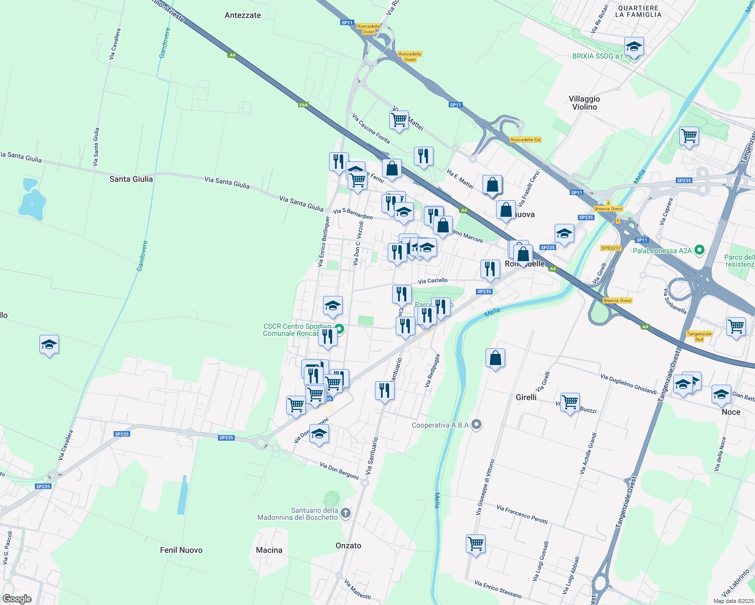map of restaurants, bars, coffee shops, grocery stores, and more near 18 Via Castello in Roncadelle