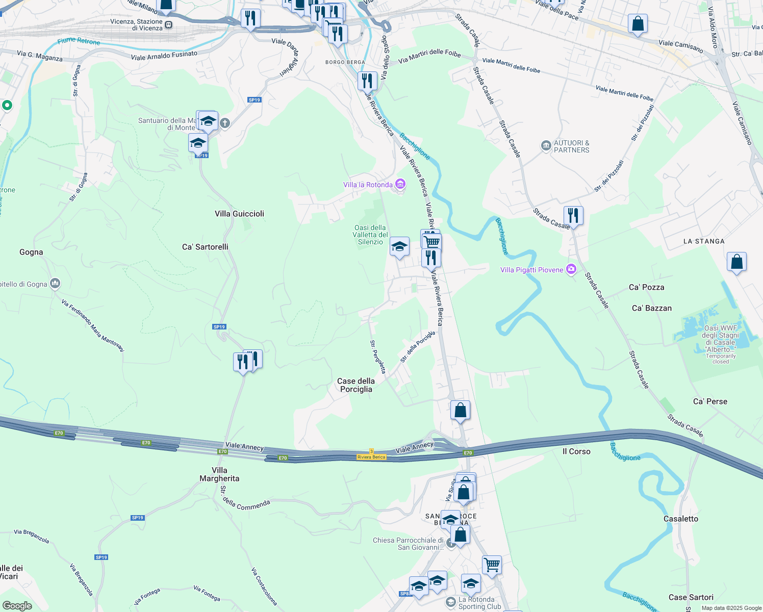 map of restaurants, bars, coffee shops, grocery stores, and more near Strada della Pergoletta in Vicenza