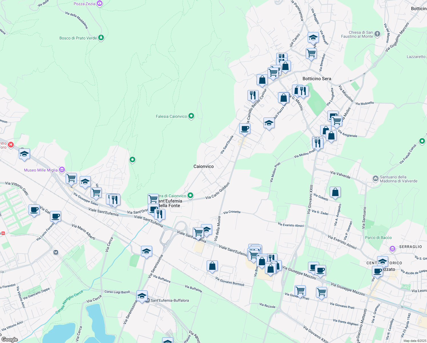 map of restaurants, bars, coffee shops, grocery stores, and more near 15 Via della Musia in Brescia