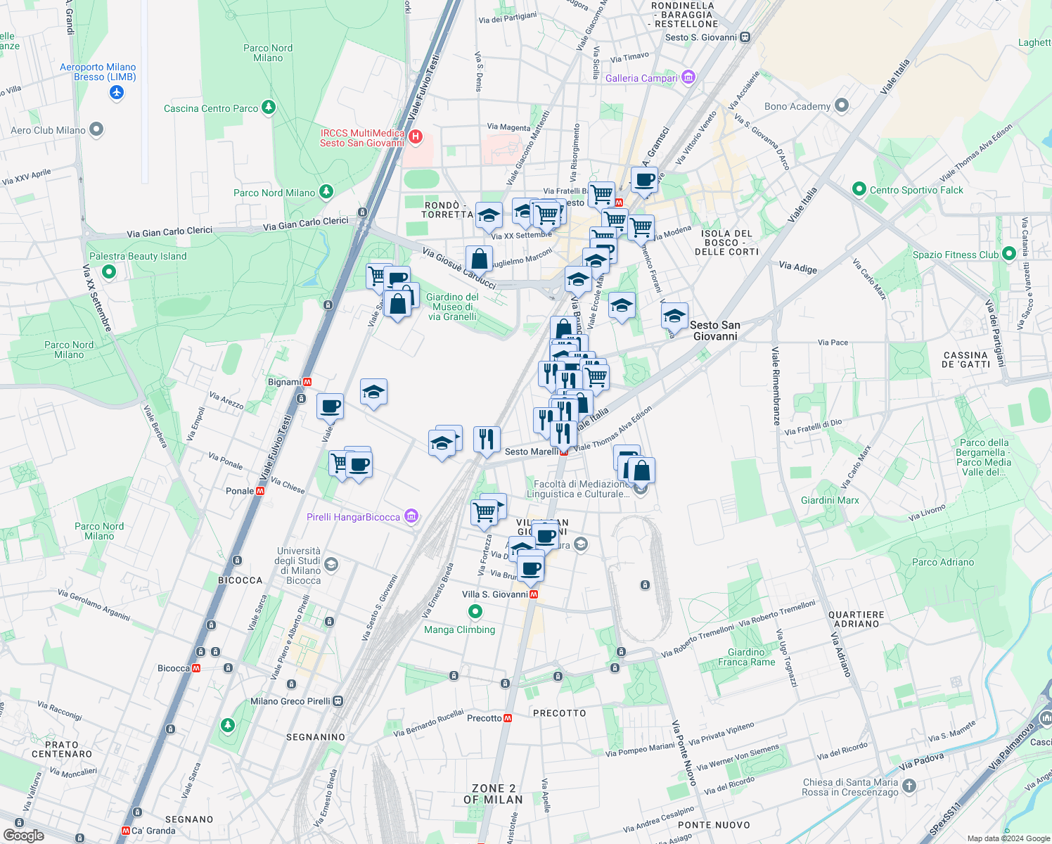 map of restaurants, bars, coffee shops, grocery stores, and more near 18 Via San Marco in Sesto San Giovanni