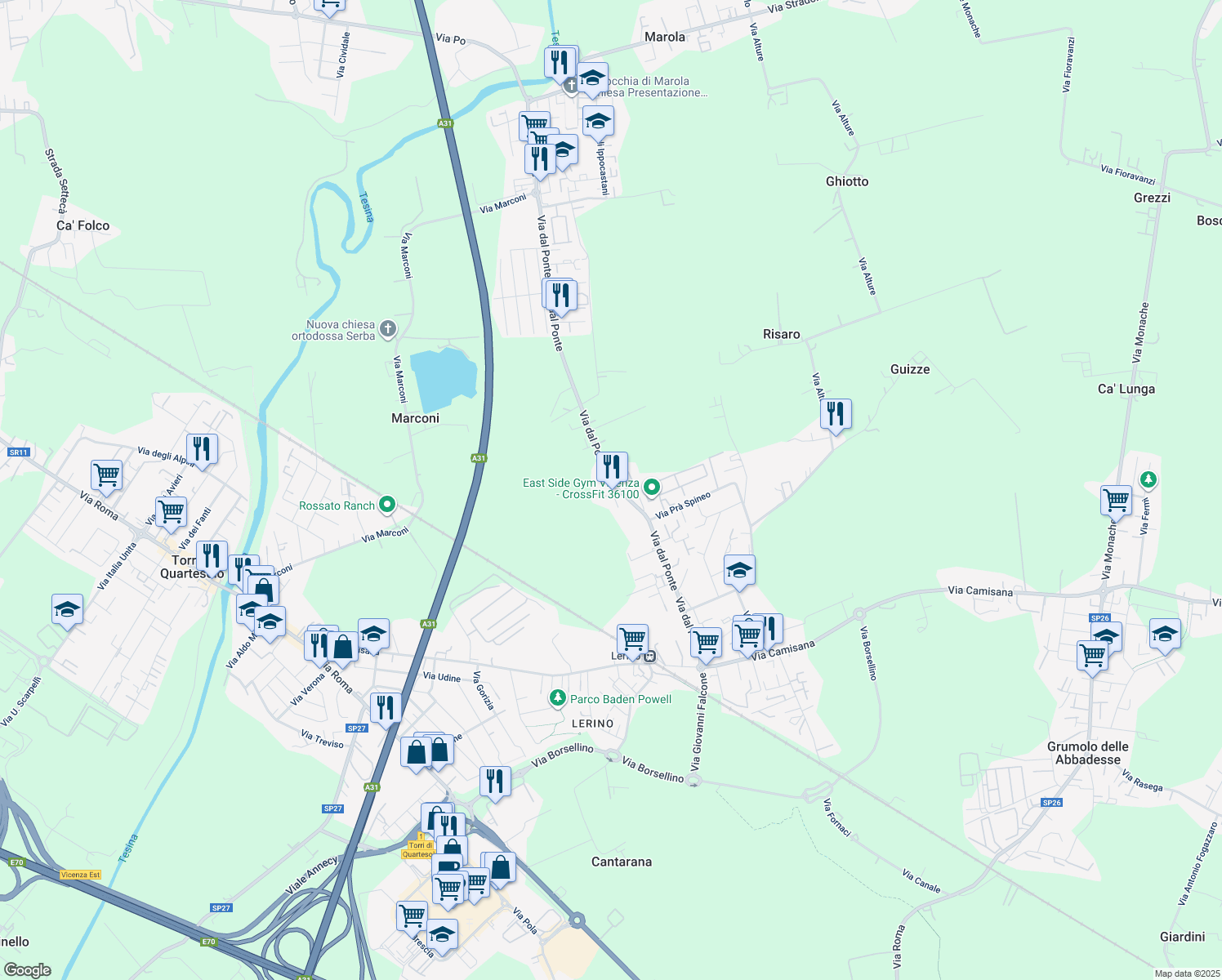 map of restaurants, bars, coffee shops, grocery stores, and more near 81 Via dal Ponte in Torri di Quartesolo