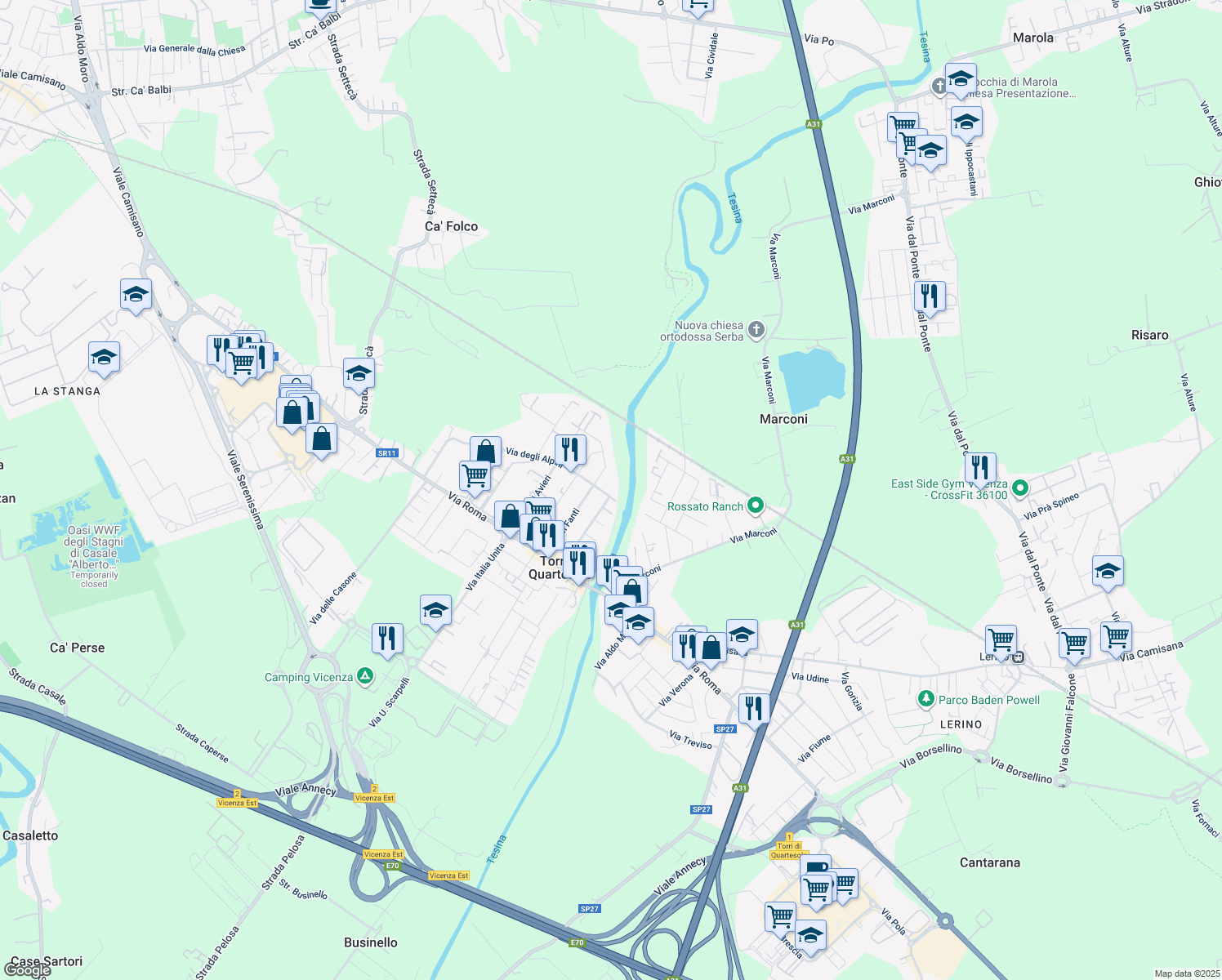map of restaurants, bars, coffee shops, grocery stores, and more near 2 Via degli Alpini in Torri di Quartesolo