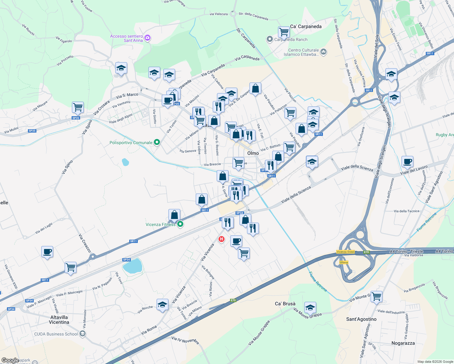 map of restaurants, bars, coffee shops, grocery stores, and more near 103 Via Olmo in Creazzo