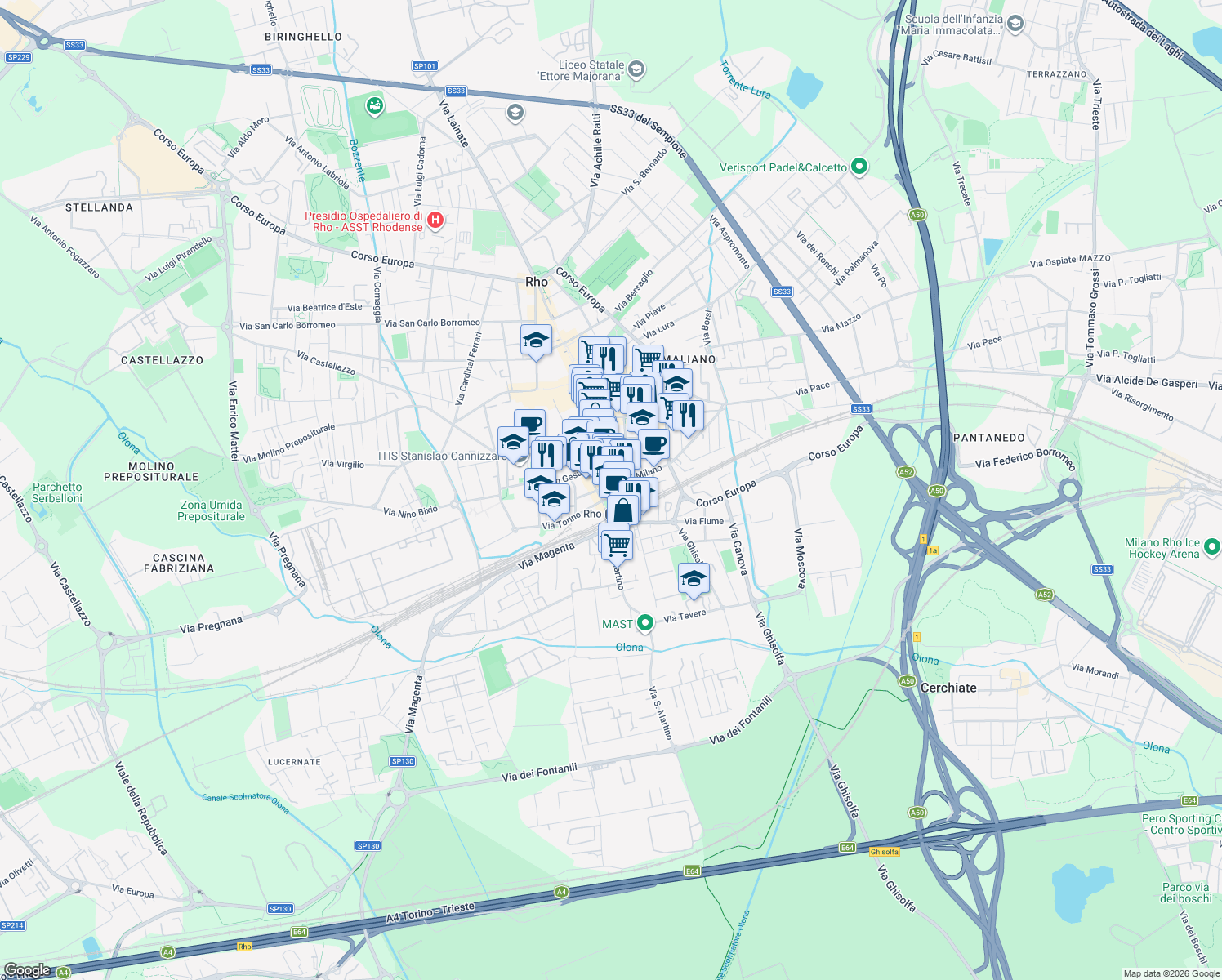 map of restaurants, bars, coffee shops, grocery stores, and more near 1B Via G. Puccini in Rho