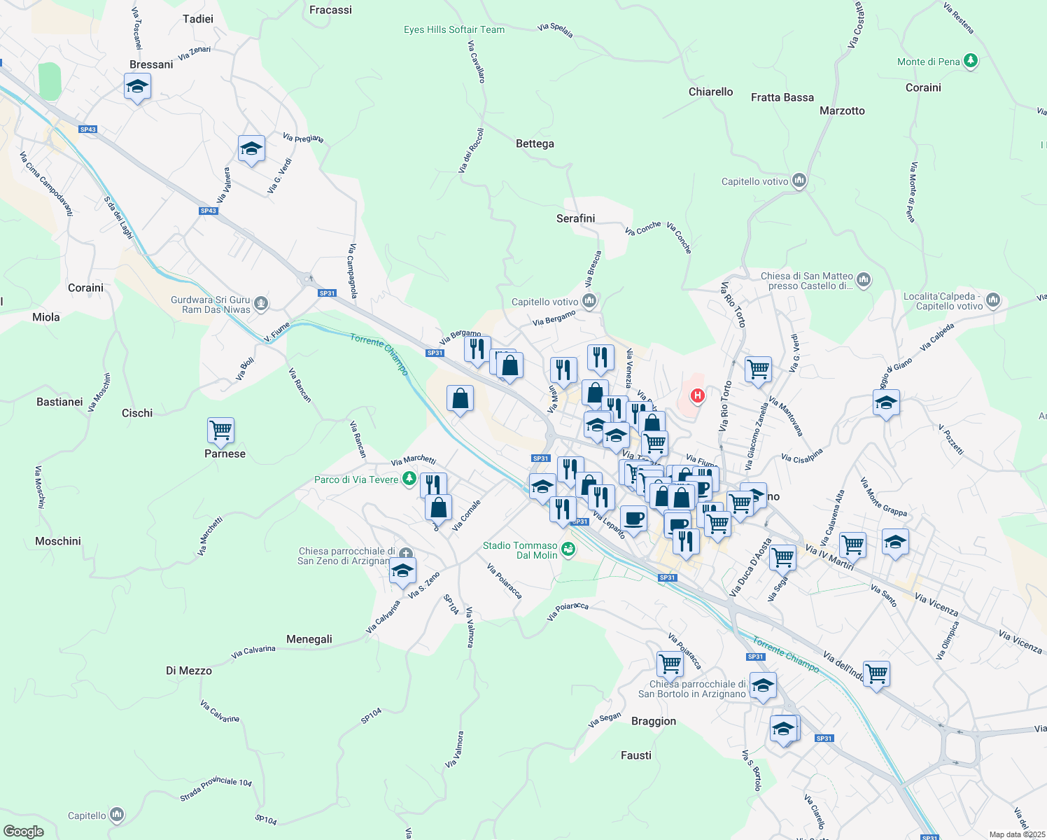 map of restaurants, bars, coffee shops, grocery stores, and more near 9 Via Andrea Mantegna in Arzignano