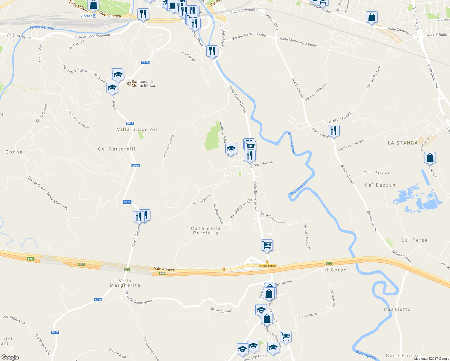 map of restaurants, bars, coffee shops, grocery stores, and more near Strada della Pergoletta in Vicenza
