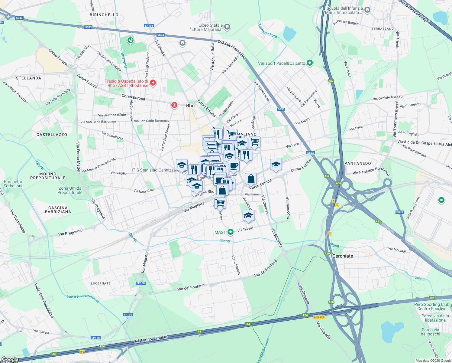 map of restaurants, bars, coffee shops, grocery stores, and more near 5 Vicolo Luigi Secchi in Rho
