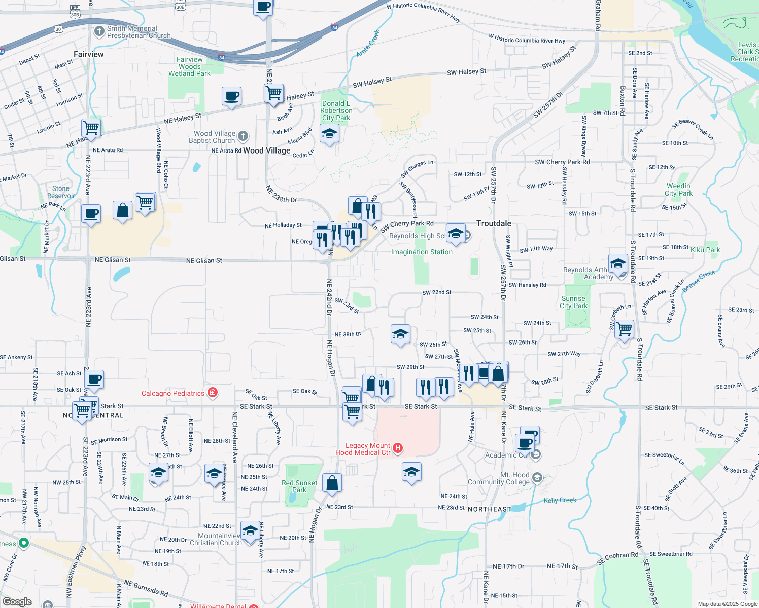 map of restaurants, bars, coffee shops, grocery stores, and more near 2248 Southwest Brink Avenue in Troutdale