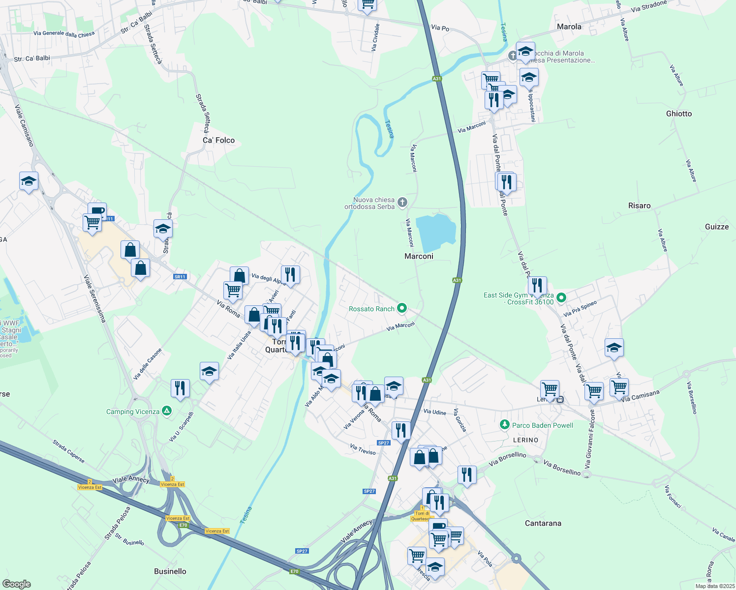 map of restaurants, bars, coffee shops, grocery stores, and more near 16 Via dei Carabinieri in Torri di Quartesolo