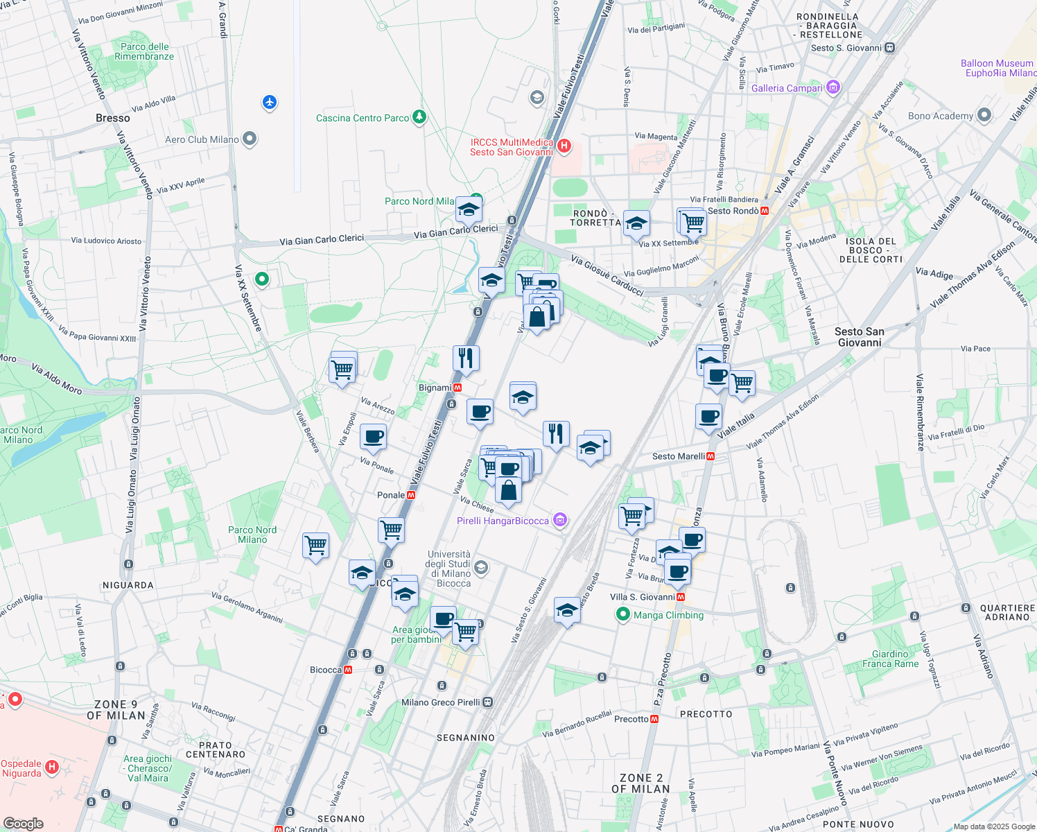 map of restaurants, bars, coffee shops, grocery stores, and more near 336 Viale Sarca in Milano