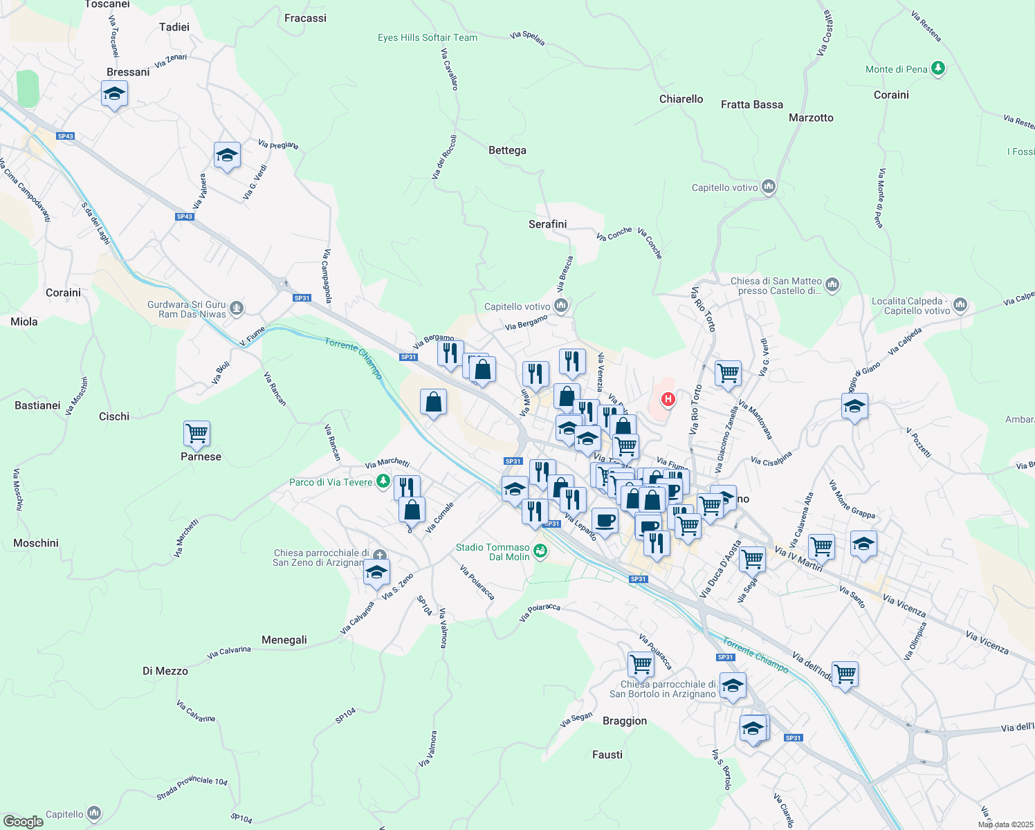 map of restaurants, bars, coffee shops, grocery stores, and more near 9 Via Andrea Mantegna in Arzignano