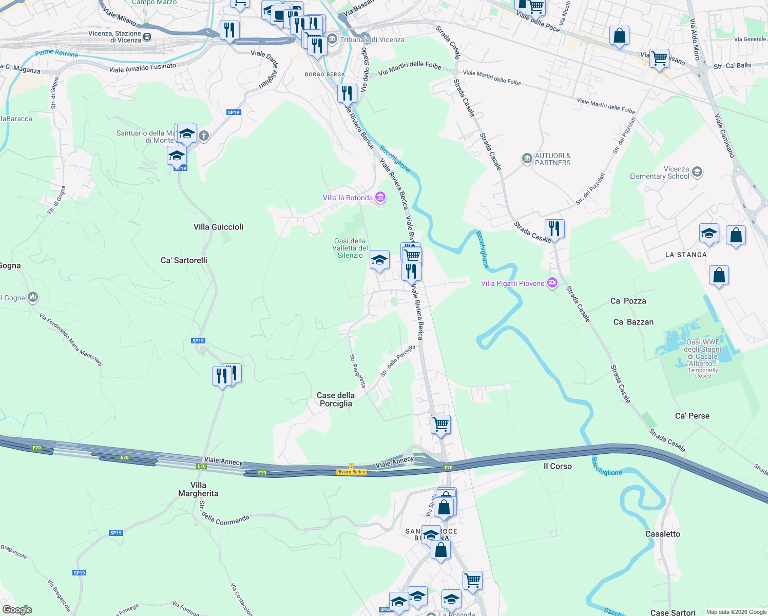 map of restaurants, bars, coffee shops, grocery stores, and more near 18 Via Vulcano in Vicenza