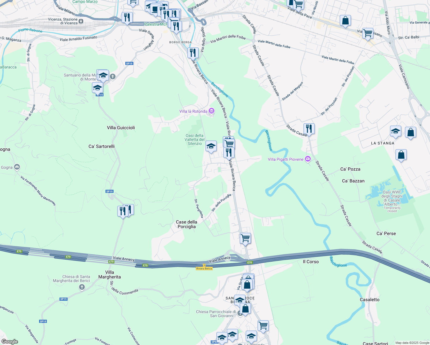 map of restaurants, bars, coffee shops, grocery stores, and more near 15 Via Vulcano in Vicenza