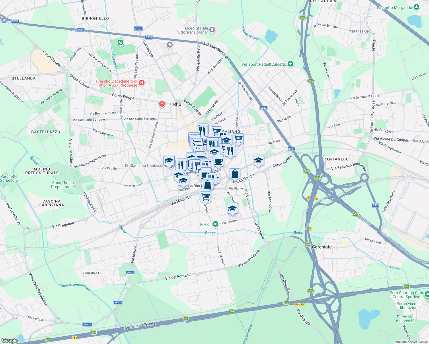 map of restaurants, bars, coffee shops, grocery stores, and more near 5 Vicolo Secchi in Rho