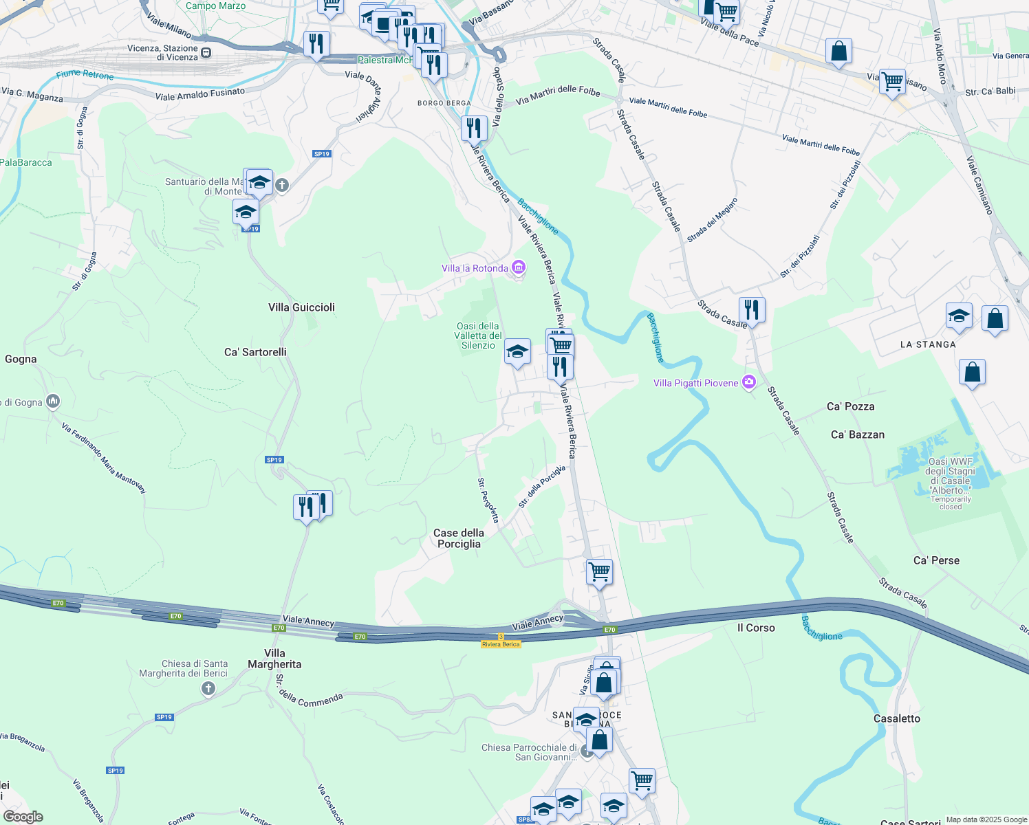 map of restaurants, bars, coffee shops, grocery stores, and more near 15 Via Vulcano in Vicenza