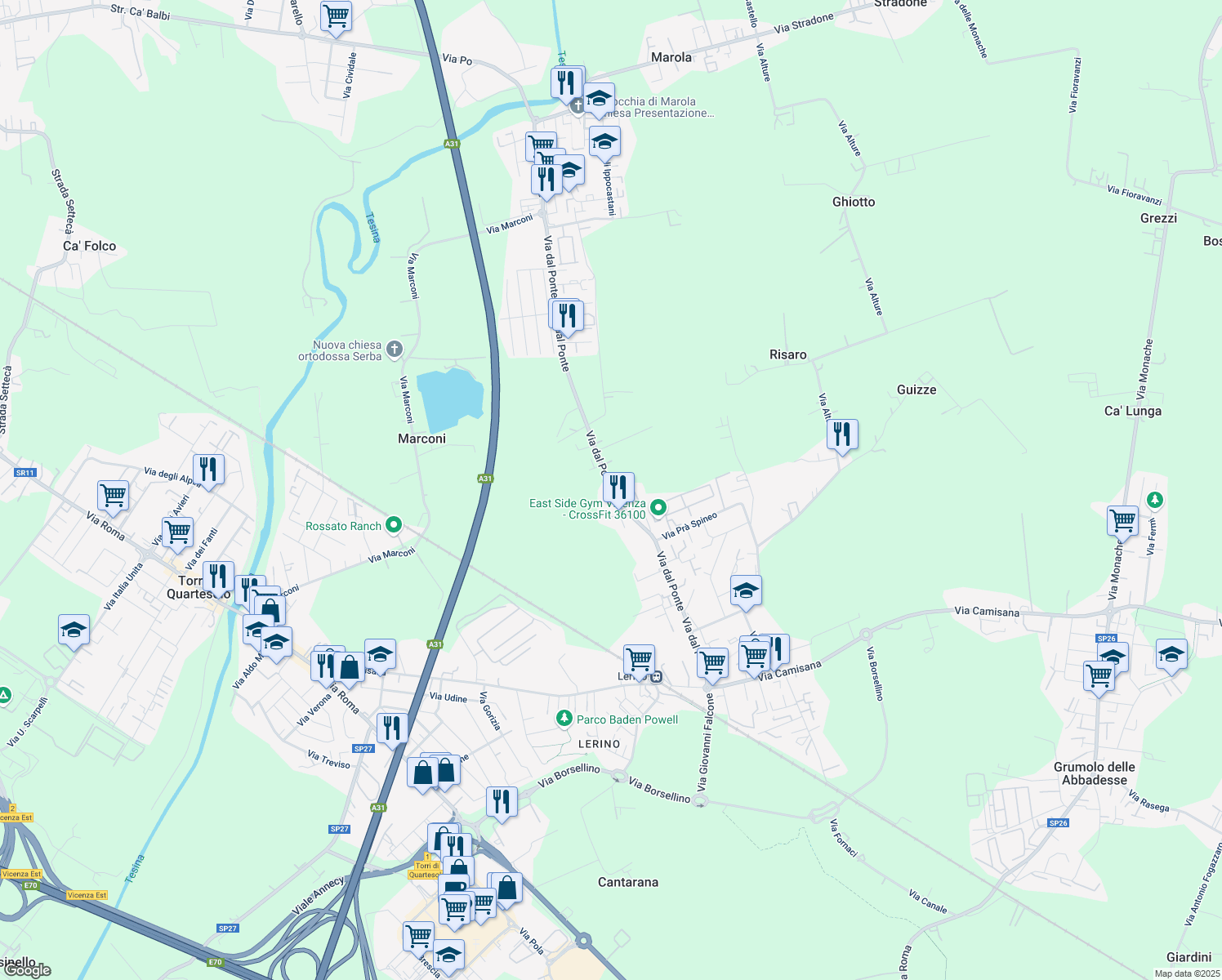 map of restaurants, bars, coffee shops, grocery stores, and more near 81 Via dal Ponte in Torri di Quartesolo