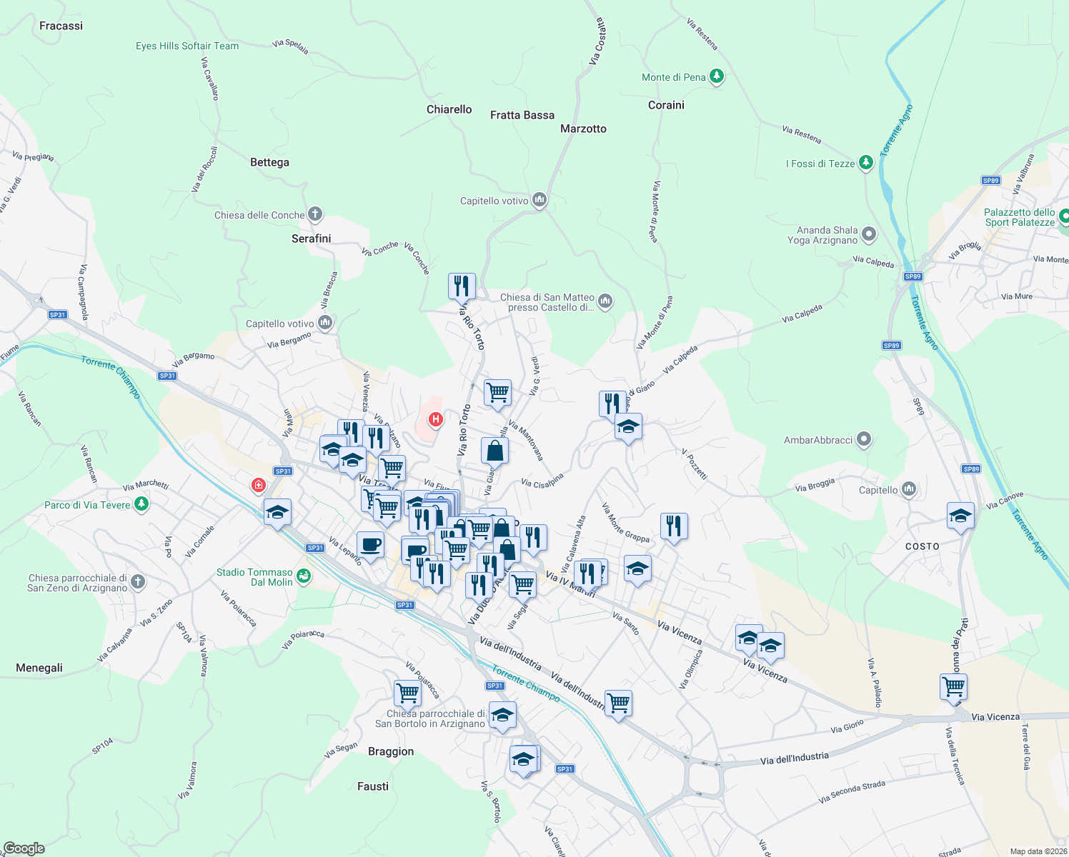 map of restaurants, bars, coffee shops, grocery stores, and more near 26 Via Mantovana in Arzignano