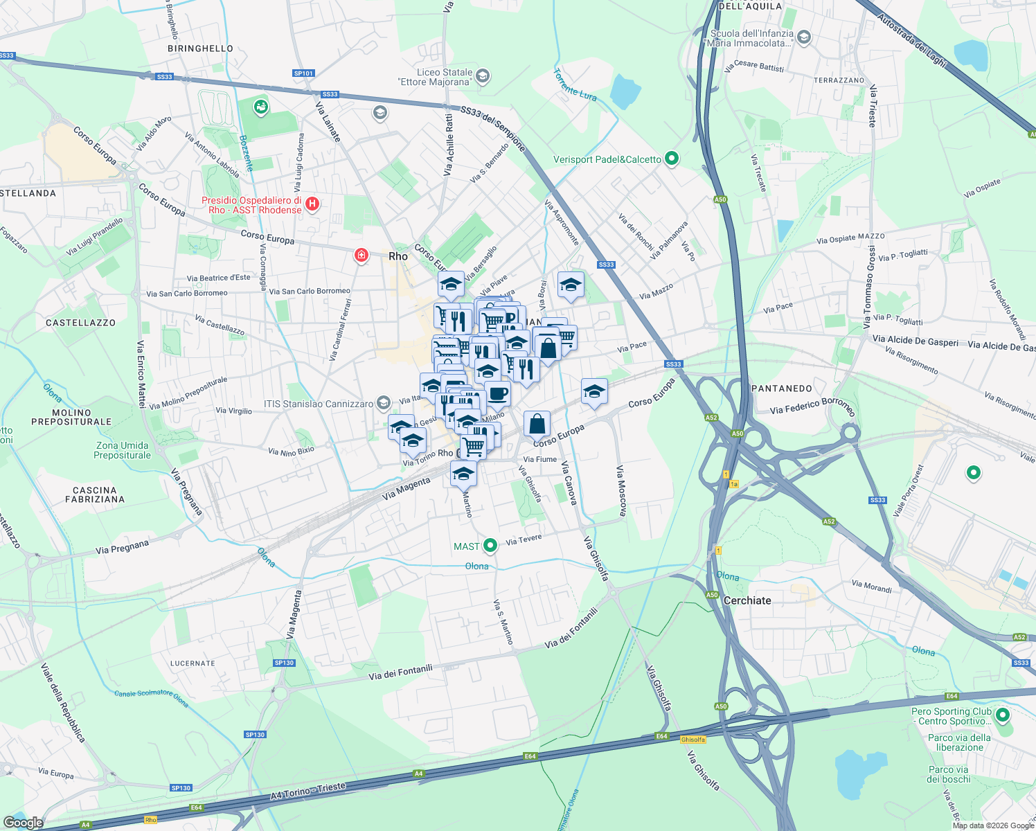 map of restaurants, bars, coffee shops, grocery stores, and more near 122 Corso Europa in Rho