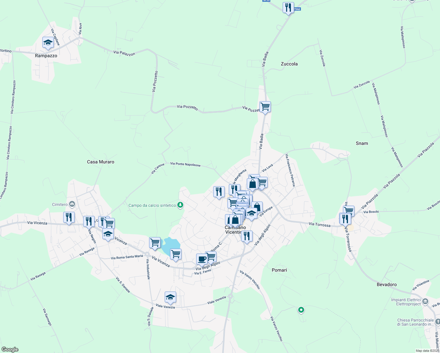 map of restaurants, bars, coffee shops, grocery stores, and more near 31 Via dei Gigli in Camisano Vicentino