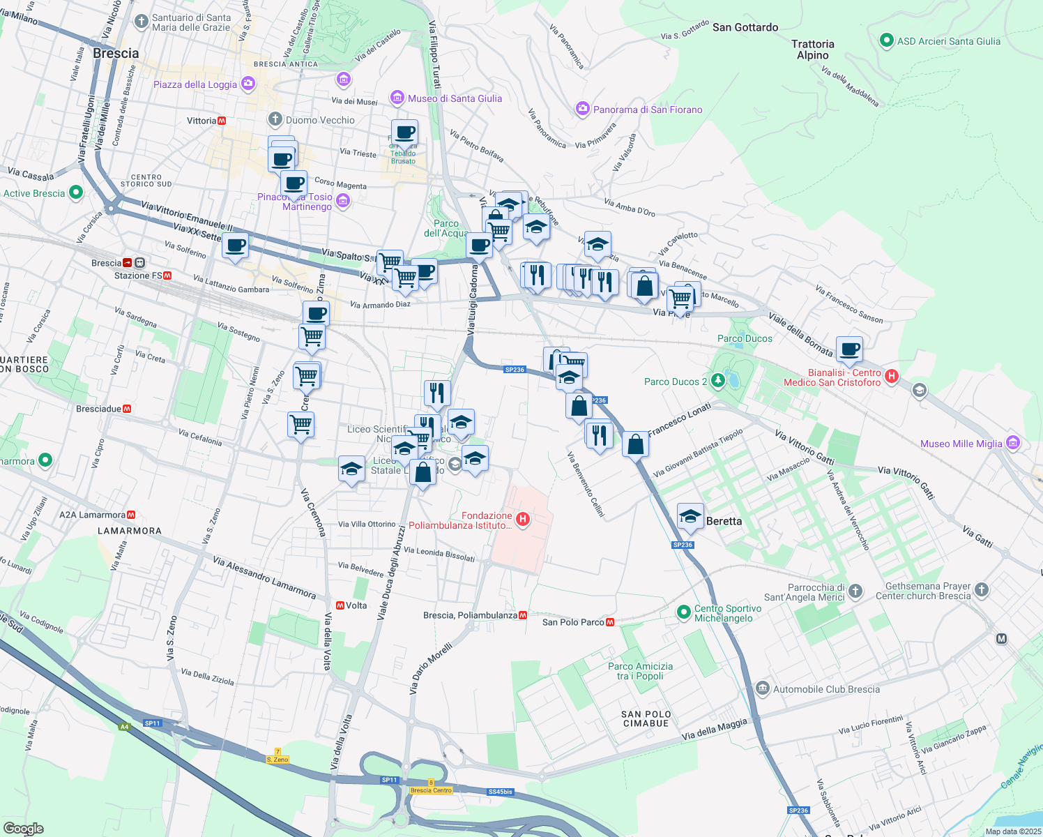 map of restaurants, bars, coffee shops, grocery stores, and more near 1 Via Romiglia in Brescia