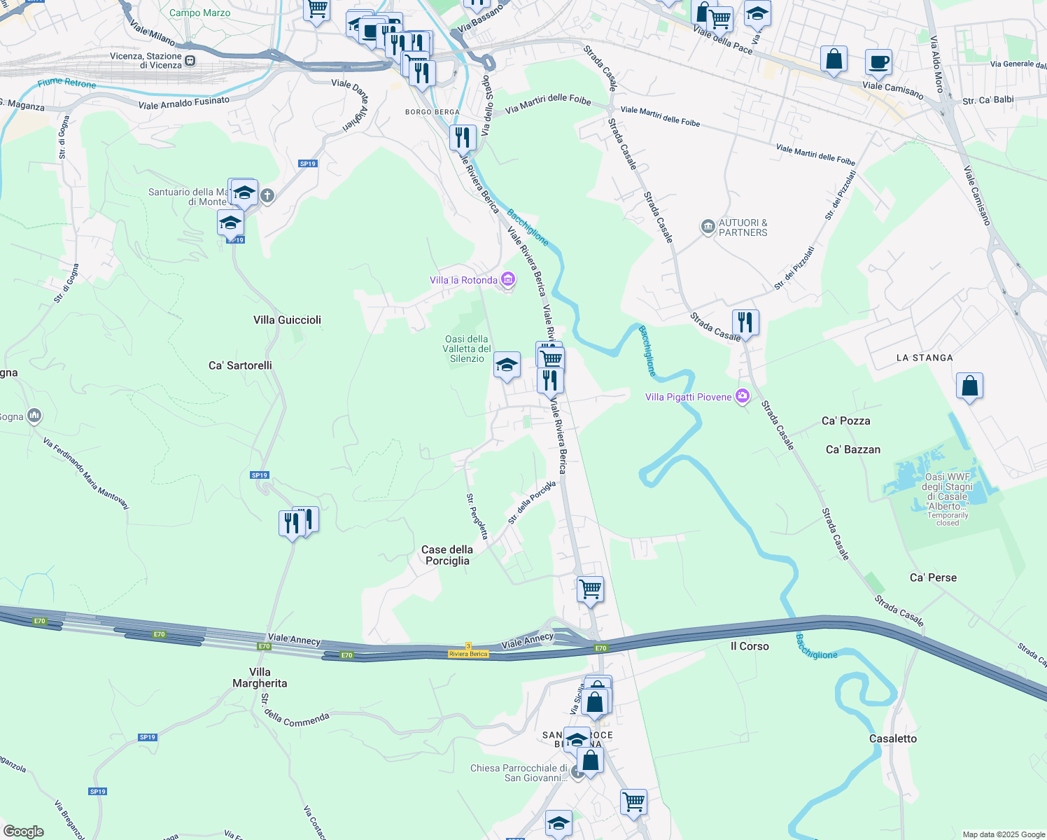 map of restaurants, bars, coffee shops, grocery stores, and more near Via Stromboli in Vicenza