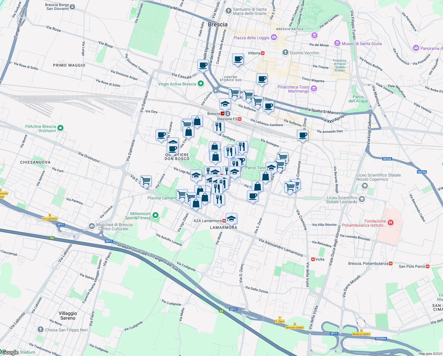 map of restaurants, bars, coffee shops, grocery stores, and more near Via Cefalonia in Brescia