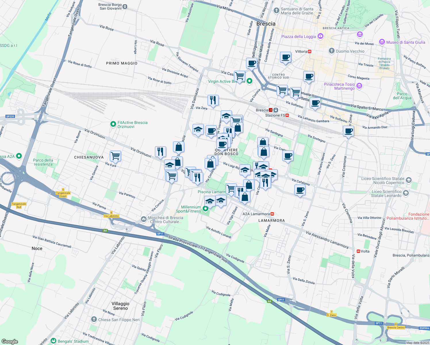 map of restaurants, bars, coffee shops, grocery stores, and more near 301 Via Corsica in Brescia