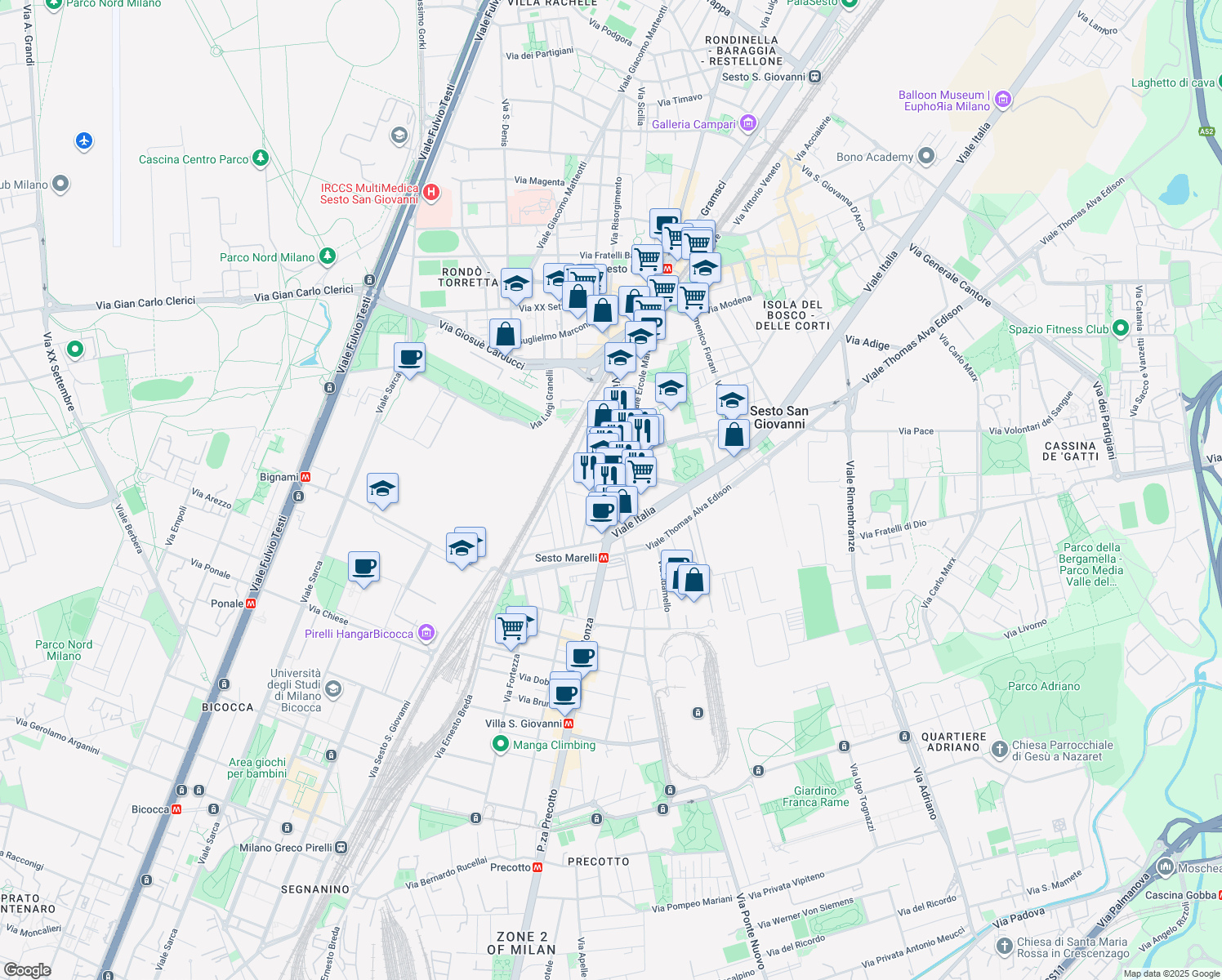 map of restaurants, bars, coffee shops, grocery stores, and more near 22 Via Gorizia in Sesto San Giovanni