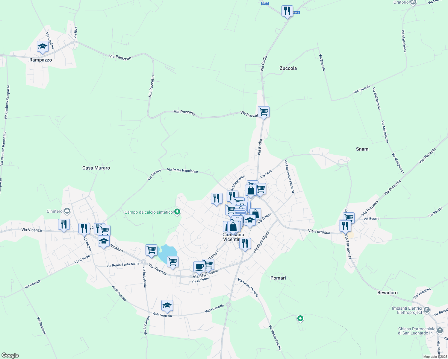 map of restaurants, bars, coffee shops, grocery stores, and more near 31 Via dei Gigli in Camisano Vicentino