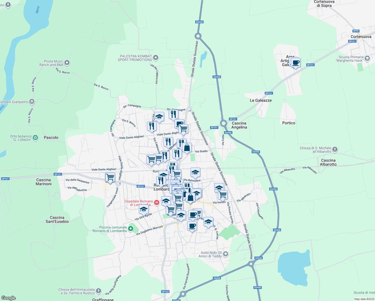 map of restaurants, bars, coffee shops, grocery stores, and more near 13 Via Silvio Pellico in Romano di Lombardia