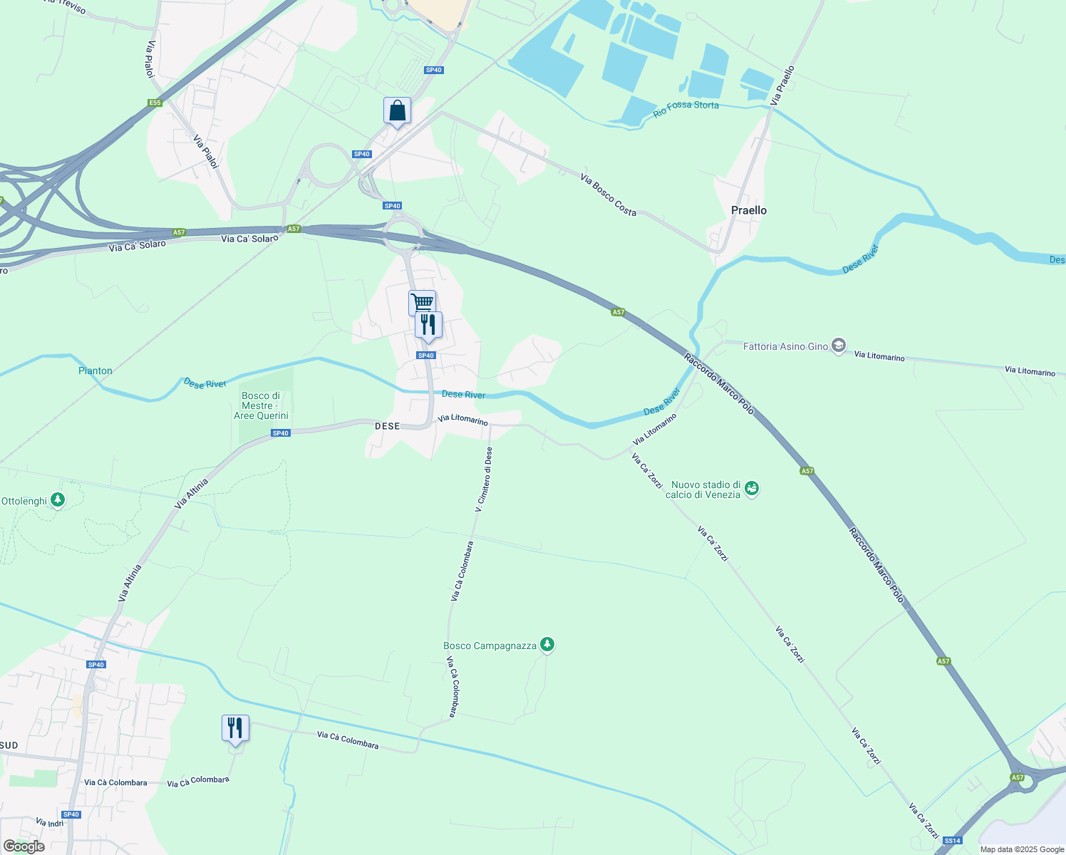 map of restaurants, bars, coffee shops, grocery stores, and more near Via Litomarino in Dese