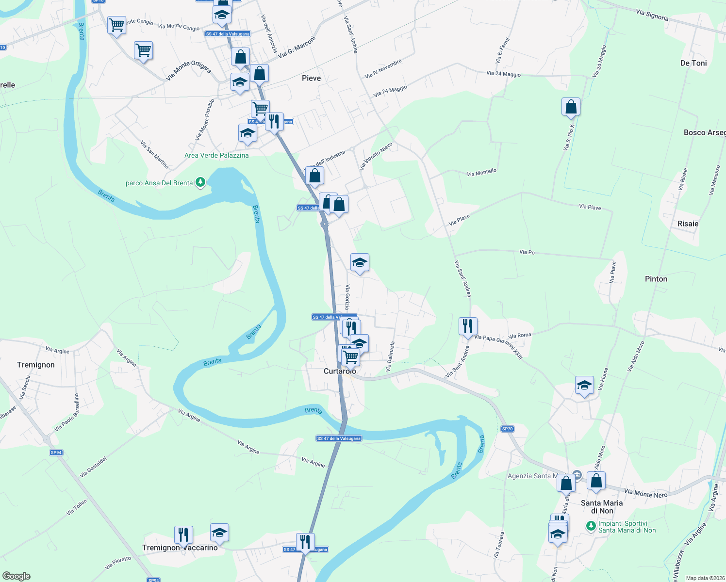 map of restaurants, bars, coffee shops, grocery stores, and more near 3 Via G. dei Menabuoi in Curtarolo
