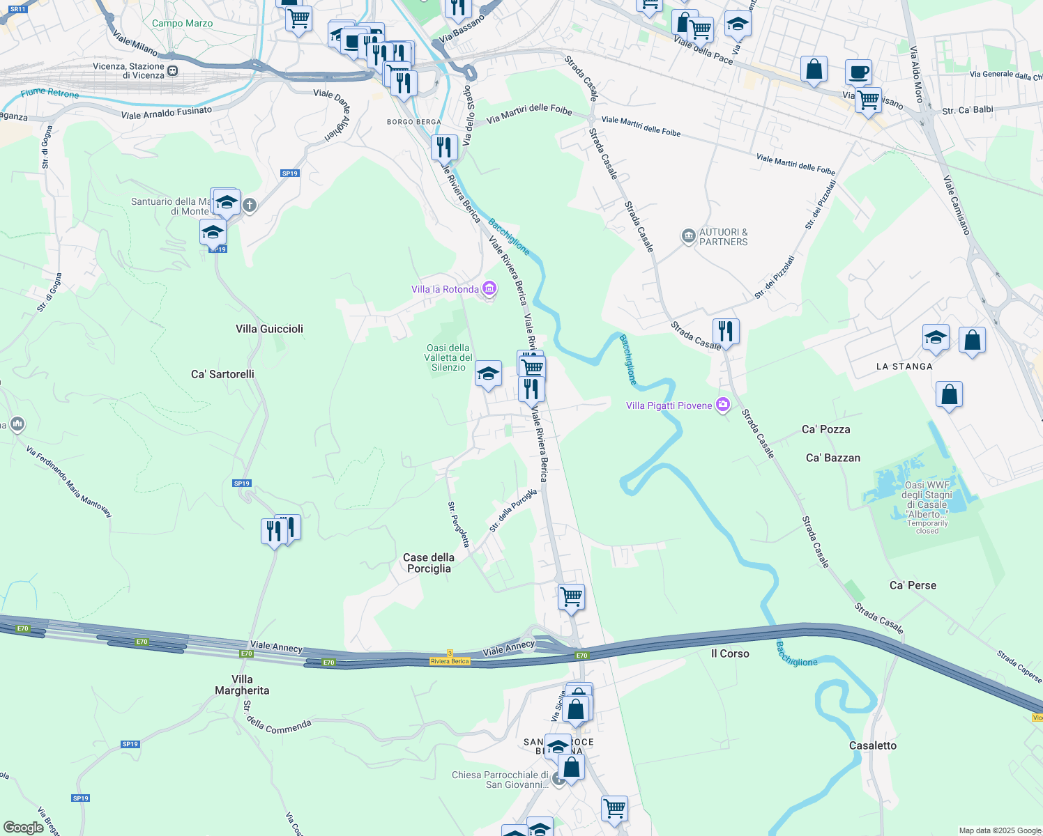 map of restaurants, bars, coffee shops, grocery stores, and more near Via Stromboli in Vicenza