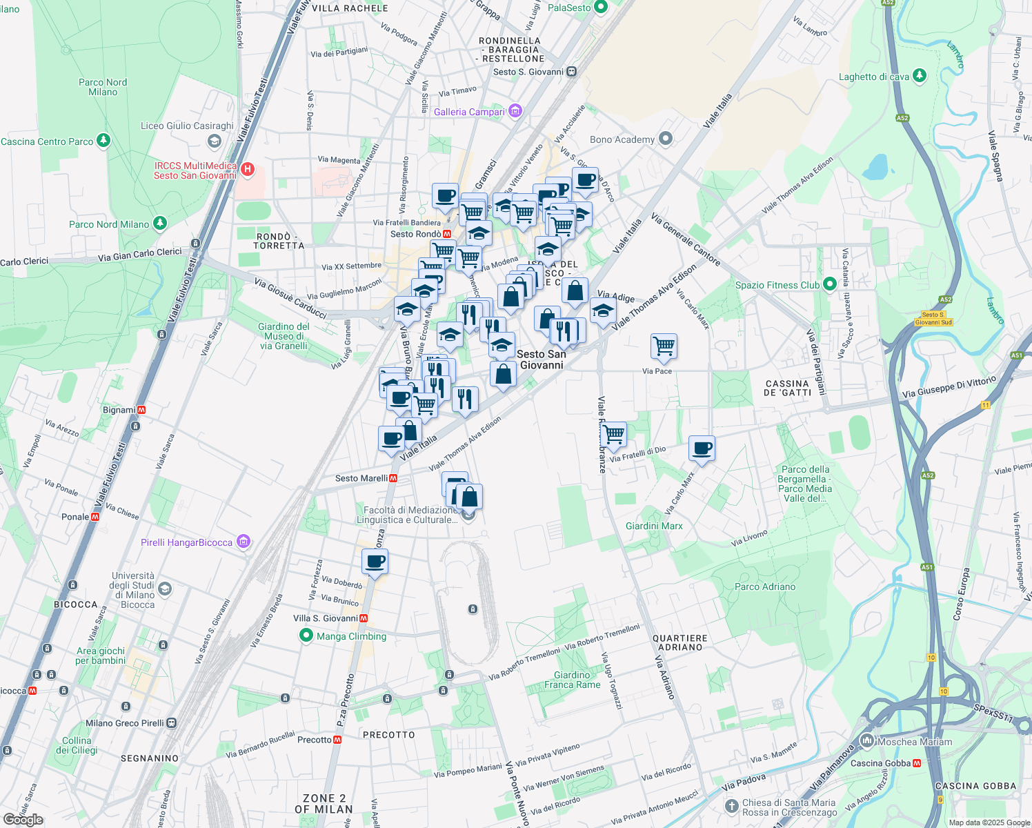 map of restaurants, bars, coffee shops, grocery stores, and more near 110 Viale Thomas Alva Edison in Sesto San Giovanni