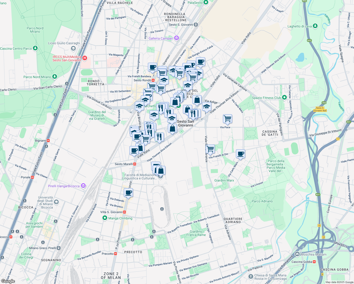 map of restaurants, bars, coffee shops, grocery stores, and more near 110 Viale Thomas Alva Edison in Sesto San Giovanni