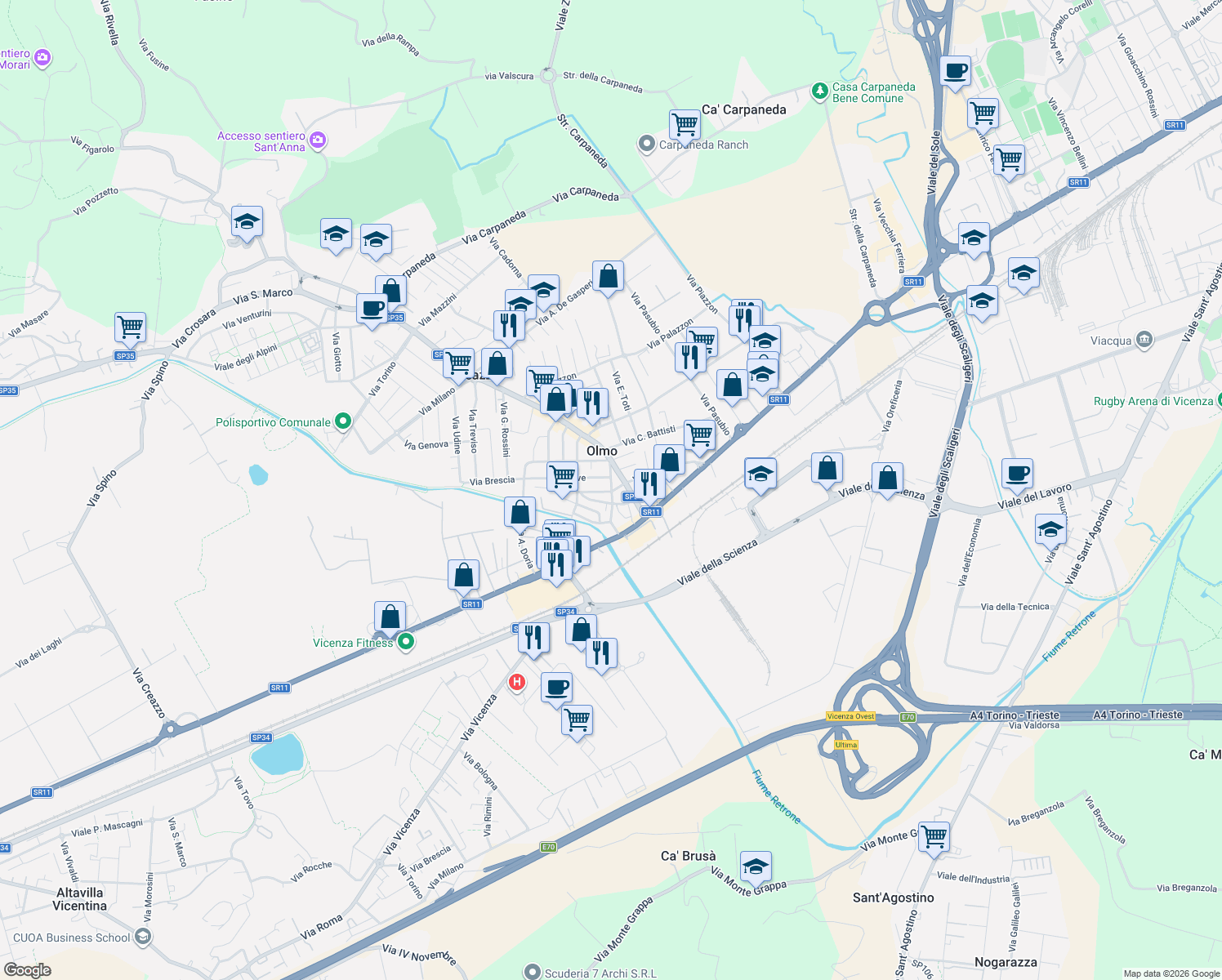 map of restaurants, bars, coffee shops, grocery stores, and more near 3 Via Brenta in Creazzo