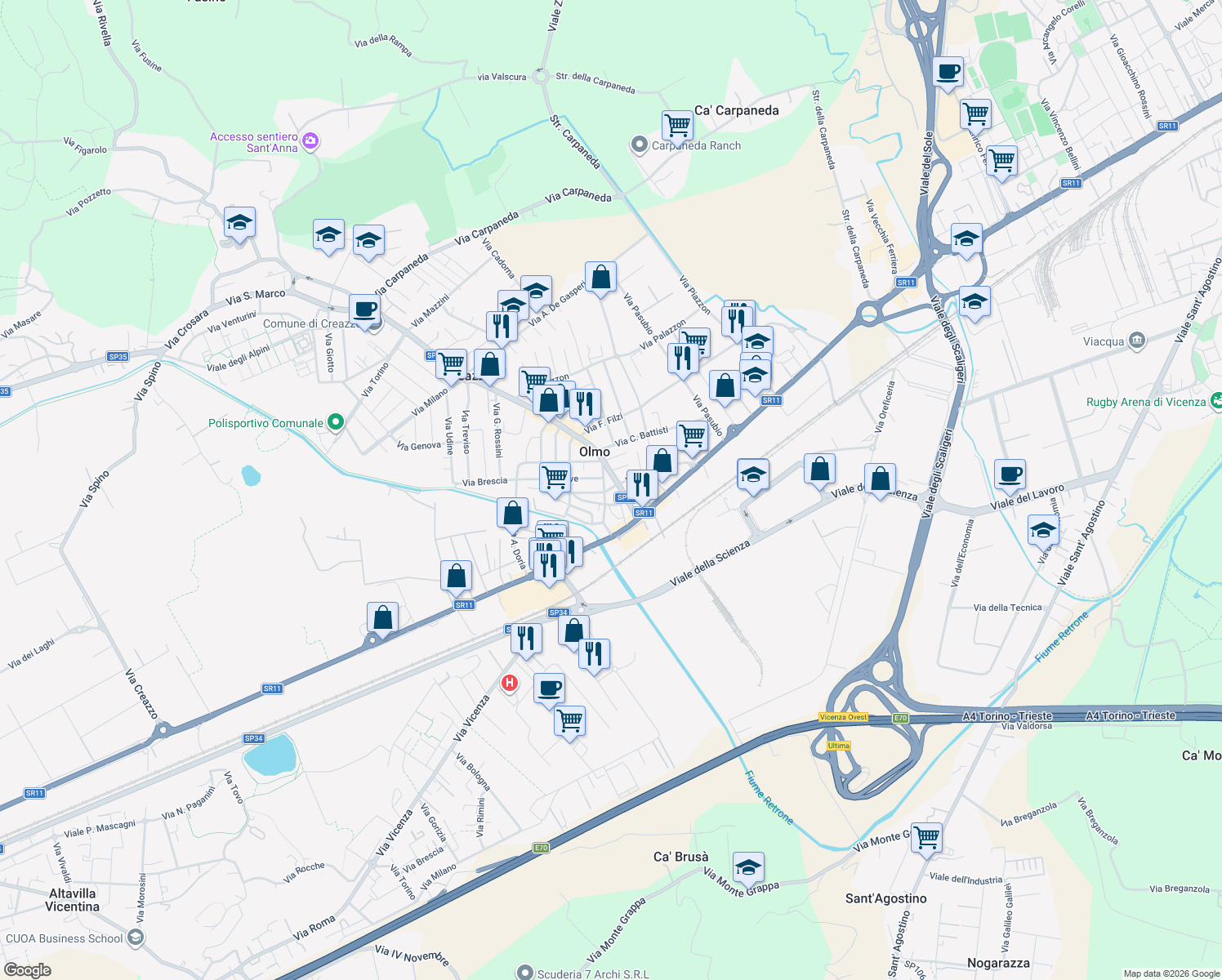 map of restaurants, bars, coffee shops, grocery stores, and more near 3 Via Brenta in Creazzo