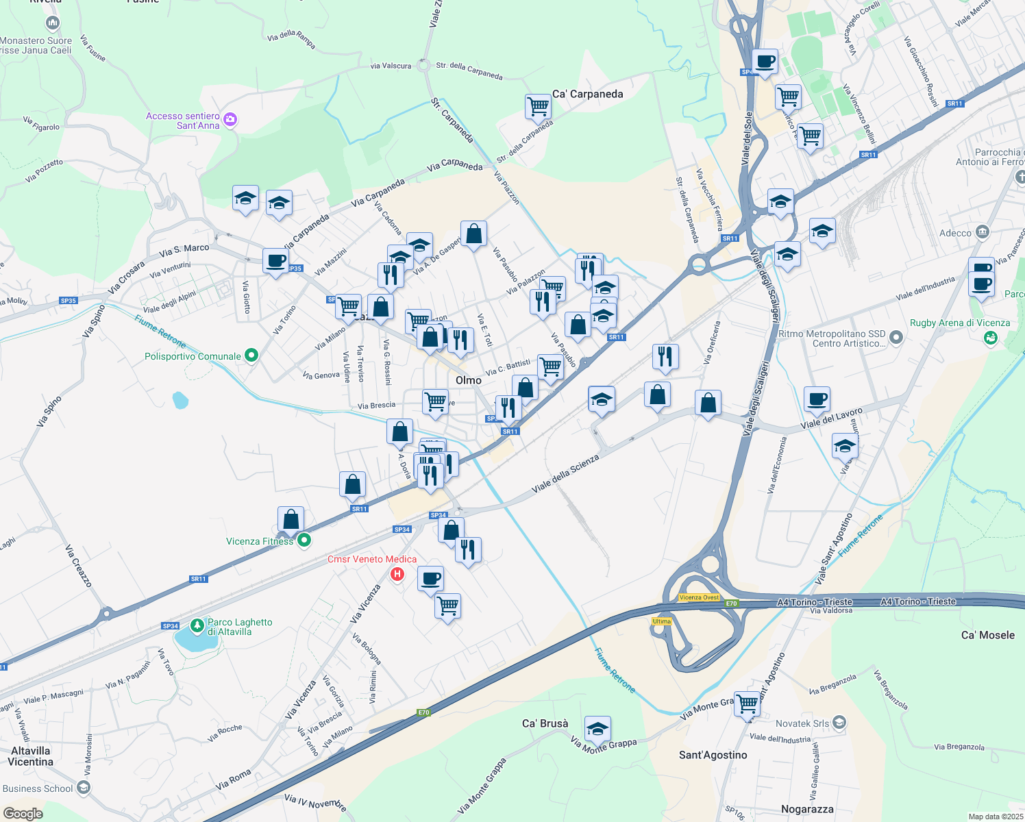 map of restaurants, bars, coffee shops, grocery stores, and more near 3 Via Trento in Creazzo