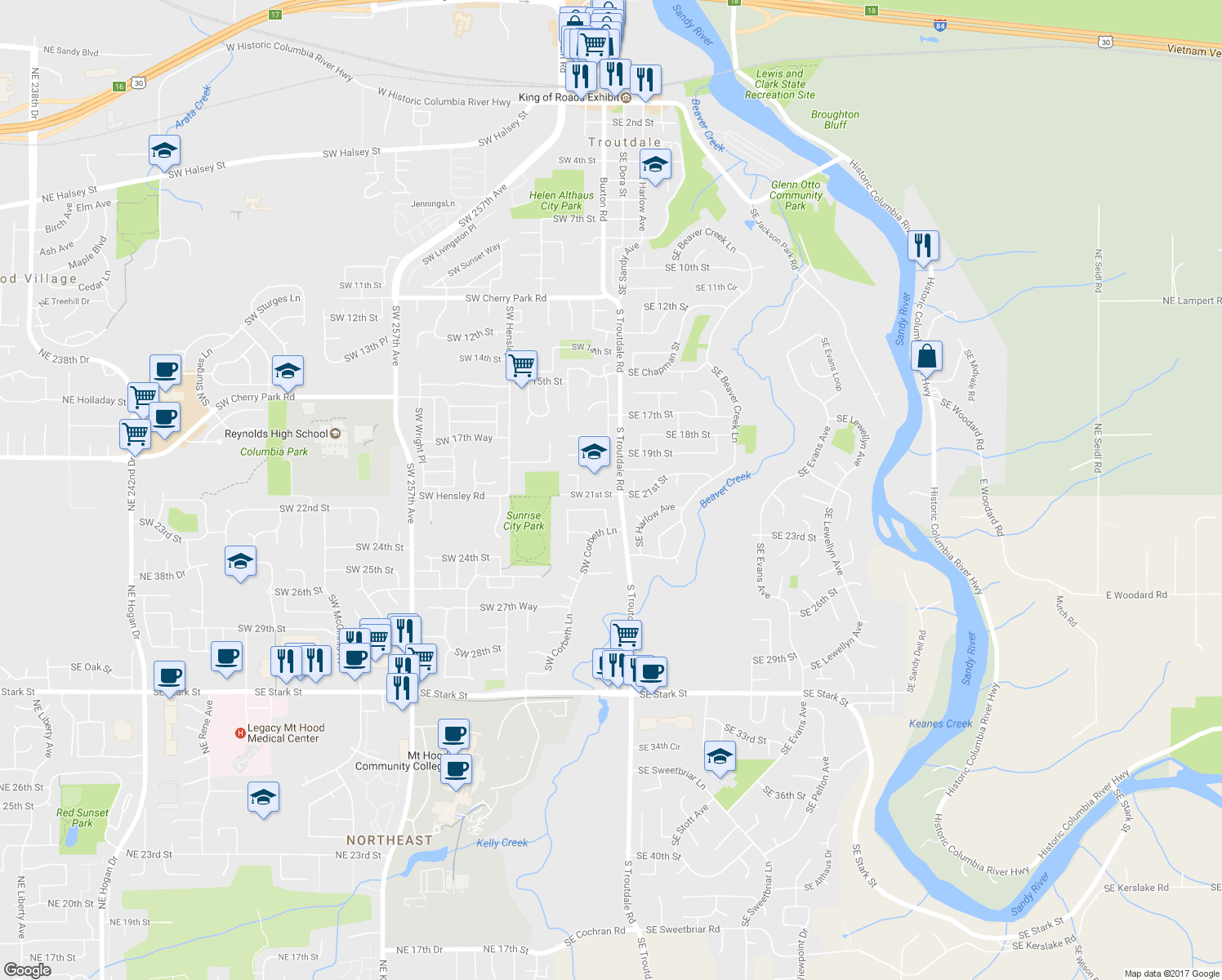 map of restaurants, bars, coffee shops, grocery stores, and more near 2051 South Troutdale Road in Troutdale